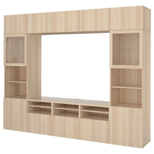 BESTÅ TV storage combination/glass doors, white stained oak effect/Lappviken white stained oak eff clear glass, 300x42x231 cm