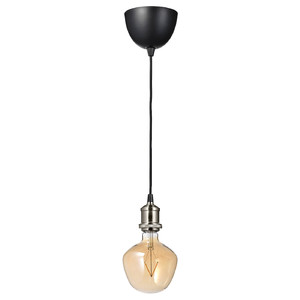 JÄLLBY / MOLNART Pendant lamp with light bulb, nickel-plated/bell-shaped brown clear glass