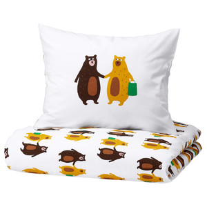 BRUMMIG Duvet cover and pillowcase, bear pattern yellow/brown, 150x200/50x60 cm