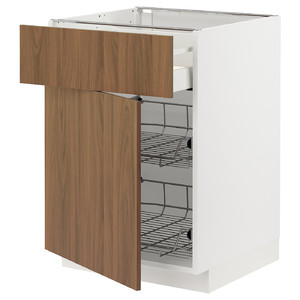 METOD/MAXIMERA Base cab w wire basket/drawer/door, white/Tistorp brown walnut effect, 60x60 cm