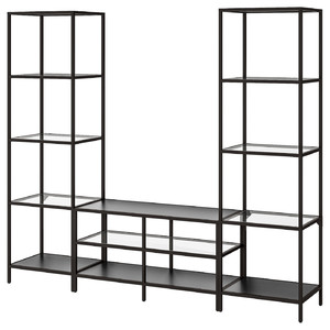 VITTSJÖ TV storage combination, black-brown/glass, 202x36x175 cm