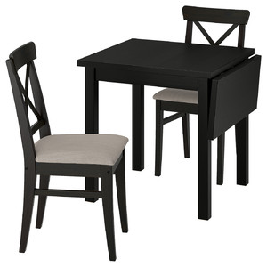 NORDVIKEN / INGOLF Table and 2 chairs, black/Nolhaga grey-beige brown-black, 74/104 cm