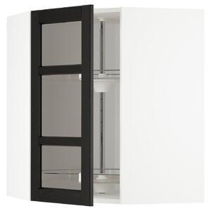 METOD Corner wall cab w carousel/glass dr, white/Lerhyttan black stained, 68x80 cm