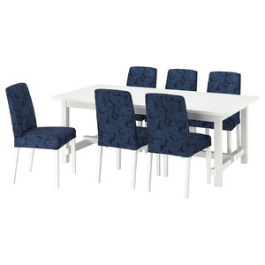 BERGMUND / NORDVIKEN Table and 6 chairs, white/Kvillsfors dark blue/blue white, 210/289 cm