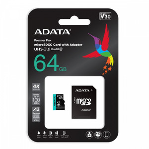 Adata Memory Card microSD Premier Pro 64GB UHS1 U3 V30 A2 + Adapter