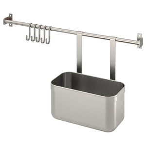 KUNGSFORS Rail with 5 hooks and 1 container, stainless steel, 56 cm