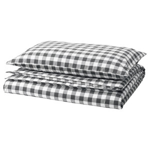 EKTANDVINGE Duvet cover and pillowcase, anthracite white/check, 150x200/50x60 cm