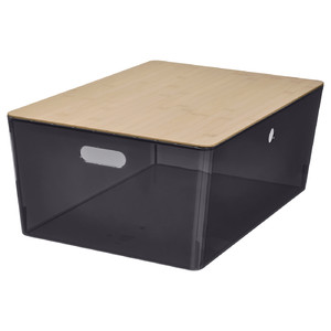 KUGGIS Box with lid, transparent black/bamboo, 37x54x21 cm