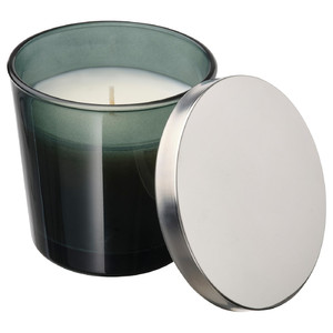 PÄRONTRÄD Scented candle in glass with lid, Mountain air/turquoise, 25 hr