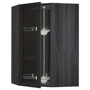 METOD Corner wall cab w carousel/glass dr, black/Lerhyttan black stained, 68x100 cm