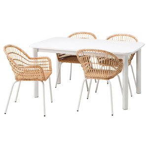 STRANDTORP / NILSOVE Table and 4 chairs, white, rattan white, 150/205/260 cm