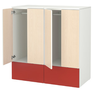 SMÅSTAD / PLATSA Storage combination, white red/birch with 2 drawers, 120x57x123 cm