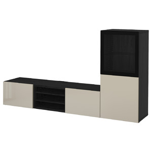 BESTÅ TV storage combination/glass doors, black-brown/Selsviken high-gloss/beige clear glass, 240x42x129 cm