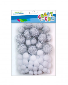 Decorative Pompoms 50pcs, white/glitter