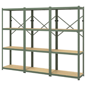 BROR Shelving unit, grey-green/pine plywood, 254x40x190 cm