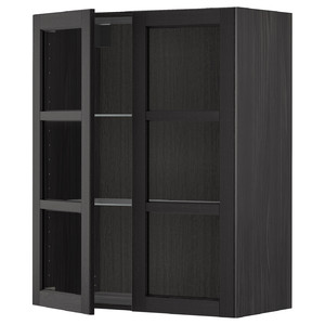 METOD Wall cabinet w shelves/2 glass drs, black/Lerhyttan black stained, 80x100 cm