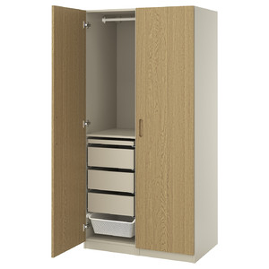 PAX / TONSTAD Wardrobe combination, grey-beige/oak veneer, 100x60x201 cm
