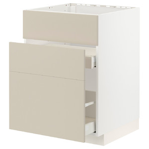 METOD / MAXIMERA Base cab f sink+3 fronts/2 drawers, white/Havstorp beige, 60x60 cm