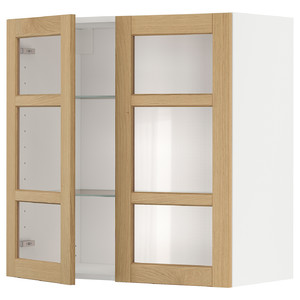 METOD Wall cabinet w shelves/2 glass drs, white/Forsbacka oak, 80x80 cm