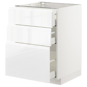 METOD / MAXIMERA Base cabinet with 3 drawers, white, Voxtorp high-gloss/white, 60x60 cm