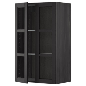 METOD Wall cabinet w shelves/2 glass drs, black/Lerhyttan black stained, 60x100 cm