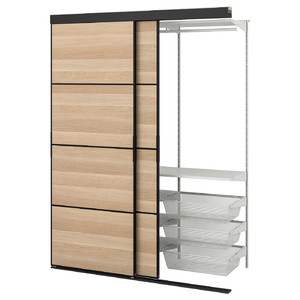 SKYTTA / BOAXEL Reach-in wardrobe with sliding door, black double sided/Mehamn white stained oak effect, 152x65x205 cm