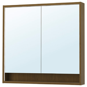 FAXÄLVEN Mirror cabinet w built-in lighting, brown oak effect, 100x15x95 cm