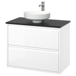 ÄNGSJÖN / LERSJÖN Wash-stnd w drawers/wash-basin/tap, high-gloss white/black marble effect, 82x49x79 cm