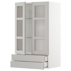 METOD / MAXIMERA wall cab w 2 glass doors/2 drawers, white/Lerhyttan light grey, 60x100 cm