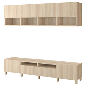 BESTÅ TV storage combination, white stained oak effect/Lappviken/Stubbarp white stained oak effect, 240x42x230 cm