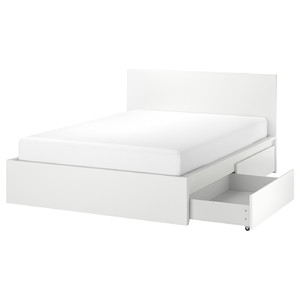 MALM Bed frame, high, w 2 storage boxes, white/Lindbåden, 160x200 cm