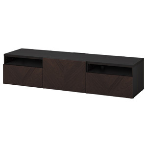 BESTÅ TV bench with drawers and door, black-brown Hedeviken/dark brown stained oak veneer, 180x42x39 cm