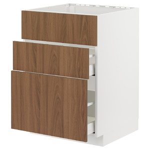 METOD/MAXIMERA Base cab f hob/int extractor w drw, white/Tistorp brown walnut effect, 60x60 cm