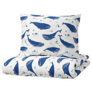 BLÅVINGAD Duvet cover and pillowcase, whale pattern blue/white, 150x200/50x60 cm