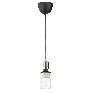 SKAFTET / MOLNART Pendant lamp with light bulb, textile nickel-plated/tube-shaped patterned
