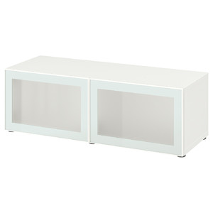 BESTÅ Shelf unit with glass doors, white Glassvik/white/light green frosted glass, 120x42x38 cm