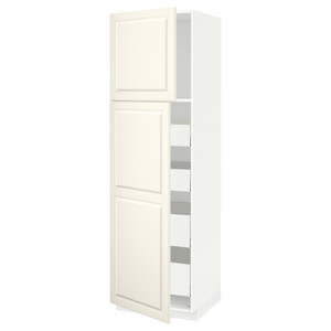 METOD / MAXIMERA Hi cab w 2 doors/4 drawers, white/Bodbyn off-white, 60x60x200 cm