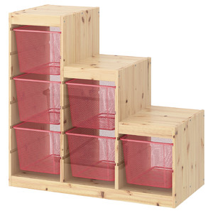 TROFAST Storage combination with boxes, light white stained pine/light red, 94x44x91 cm