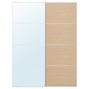 AULI / MEHAMN Pair of sliding doors, mirror glass/double sided white stained oak eff clear glass, 150x201 cm