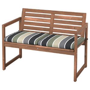 NÄMMARÖ Bench with backrest, outdoor, light brown stained/Frösön/Duvholmen stripe pattern