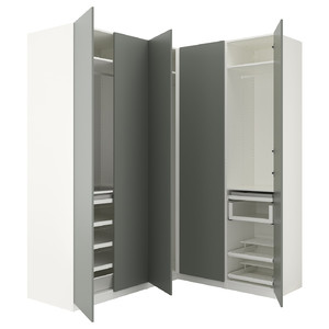 PAX Corner wardrobe, white, Reinsvoll grey-green, 210/160 x 236 cm