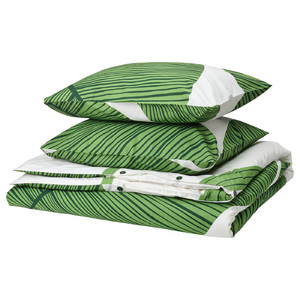KUNGSCISSUS Duvet cover and 2 pillowcases, white/green, 200x200/50x60 cm