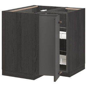 METOD Corner base cabinet with carousel, black, Voxtorp dark grey, 88x88 cm