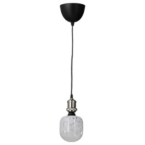 JÄLLBY / MOLNART Pendant lamp with light bulb, nickel-plated/tube-shaped white/clear glass