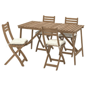 ASKHOLMEN Table+4 folding chairs, outdoor, dark brown/Kuddarna light grey-beige, 143x75 cm