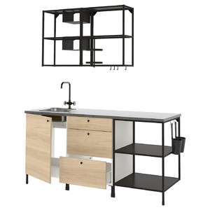 ENHET Kitchen, anthracite, oak effect, 183x63.5x222 cm