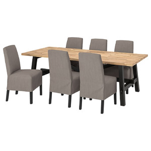 SKOGSTA / BERGMUND Table and 6 chairs, acacia, Nolhaga grey/beige, 235x100 cm