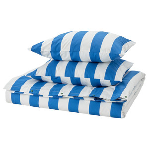 SLÅNHÖSTMAL Duvet cover and 2 pillowcases, blue/white/striped, 200x200/50x60 cm