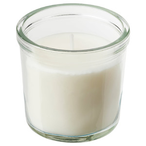 JÄMLIK Scented candle in glass, Vanilla/light beige, 20 hr
