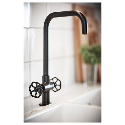 GAMLESJÖN Dual-control kitchen mixer tap, brushed black metal